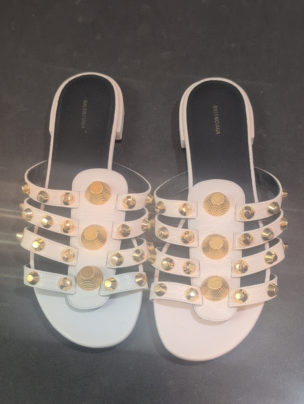 Balenciaga White Leather Multi-Strap Slide Sandals with Gold Studs